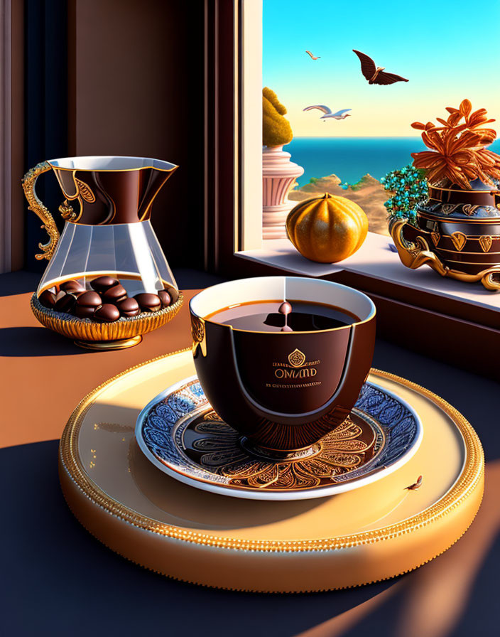 Golden Cup and Saucer with Glass Coffee Pot on Seaside Windowsill