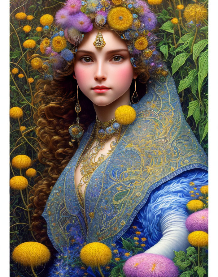 Woman portrait with floral headdress, ornate jewelry, and blue shawl in lush garden.