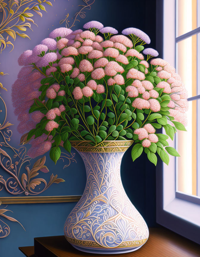 Colorful bouquet of pink flowers in decorative vase by window with blue shutters and golden wall motifs