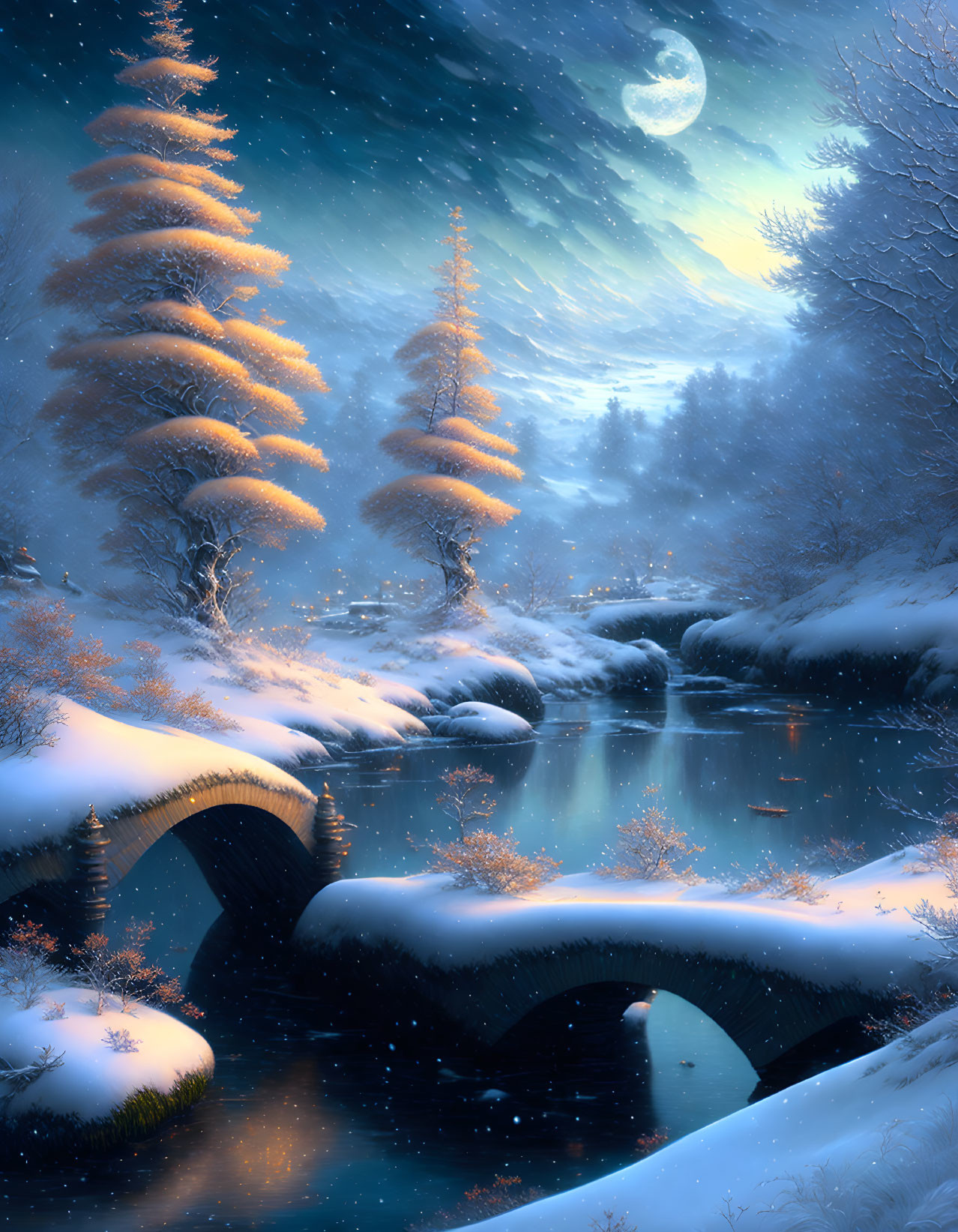 Snow-covered trees, stone bridge, moonlit sky: serene winter night scene