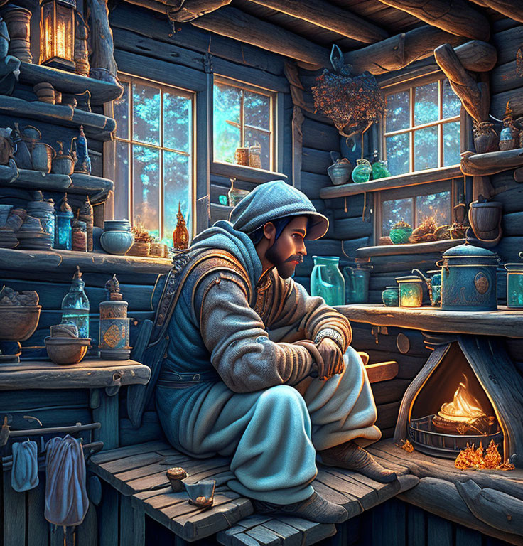 Medieval man sitting by hearth in cozy room with bottles and pottery