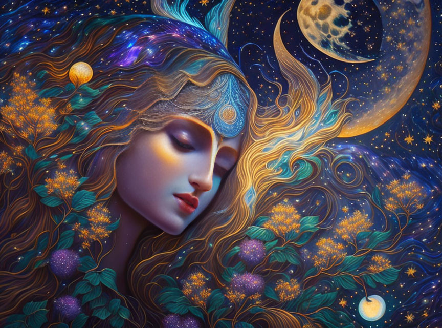 Ethereal woman with starry hair and cosmic elements on night sky backdrop