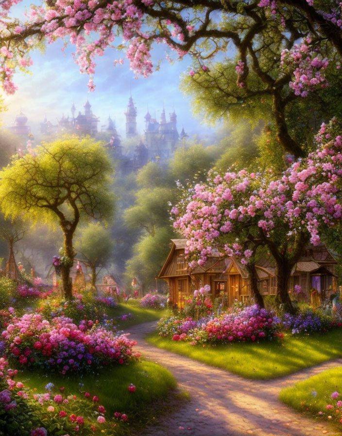 Tranquil garden path with pink and purple flowers, cottages, and castle