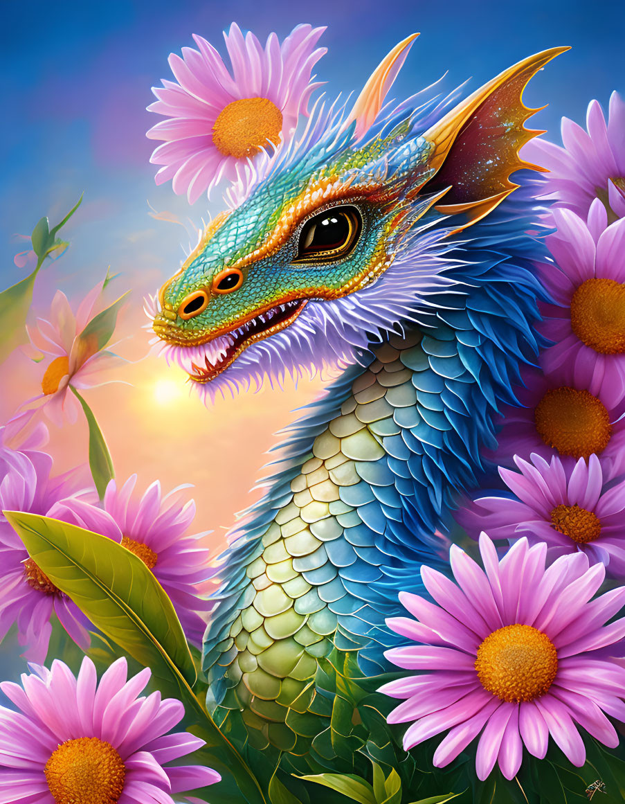 Colorful Blue Dragon Artwork Among Pink Daisies at Sunset