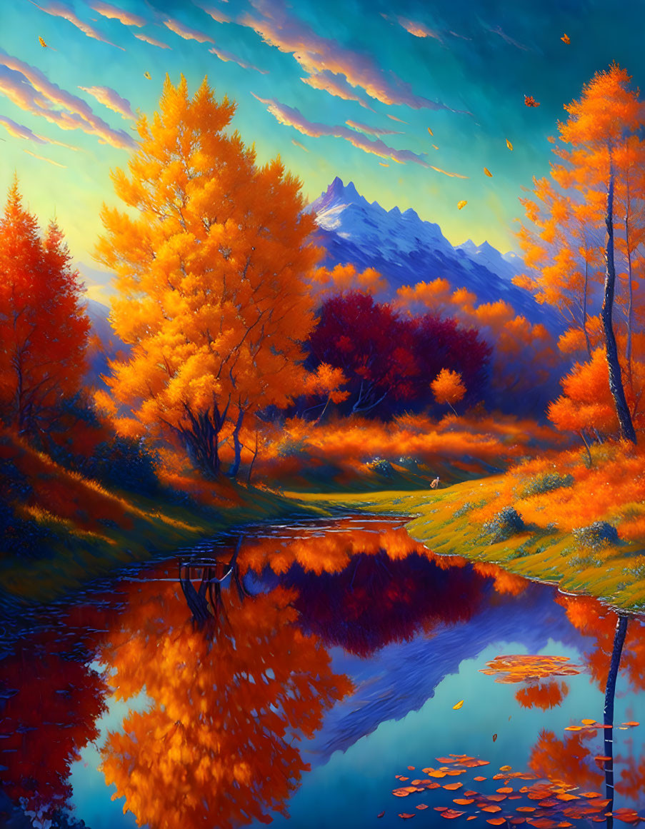 Scenic autumn landscape with orange trees, blue sky, mountains, and reflective lake