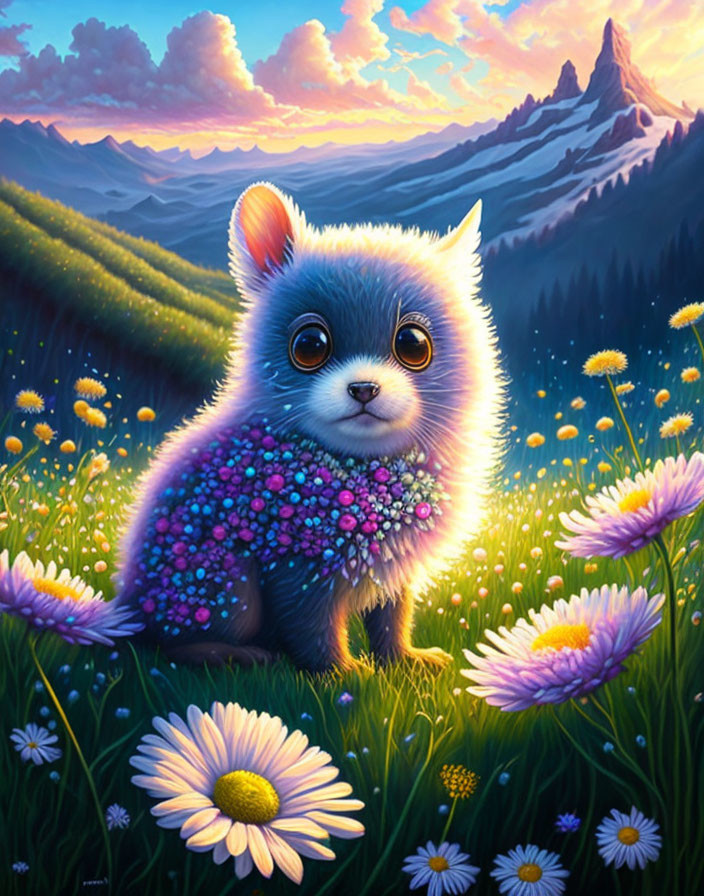 Colorful meadow scene with cute blue critter and daisies