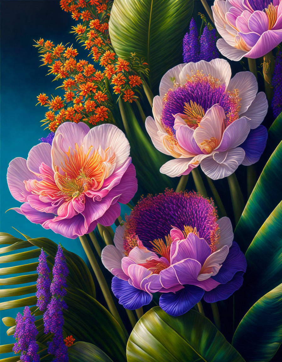 Detailed purple and pink flower painting with lush greenery on dark background