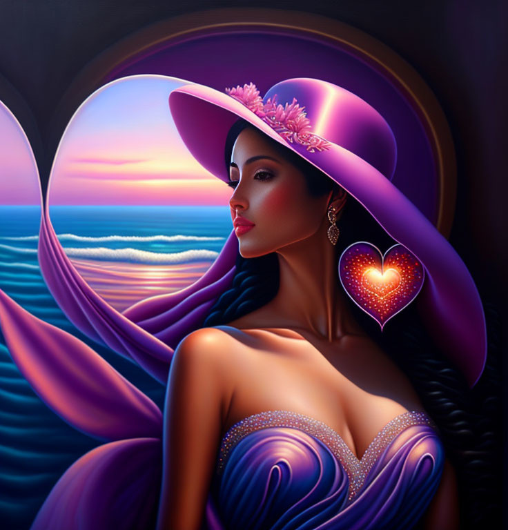 Illustration: Woman in Purple Hat and Dress Looking at Sunset over Ocean