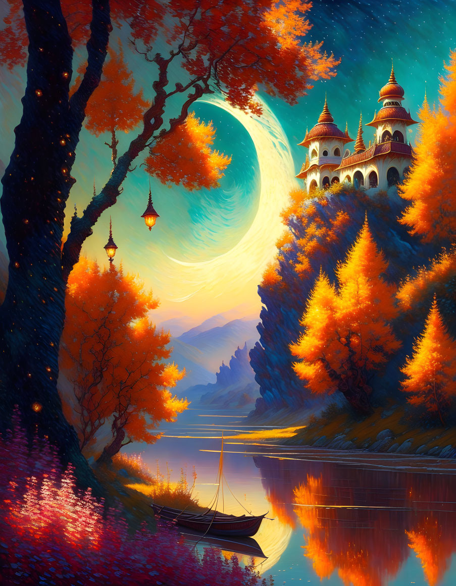 Fantasy landscape with crescent moon, castle, autumn trees, lake, boat, and lanterns