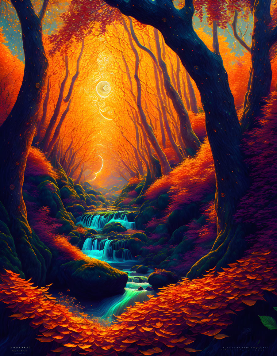 Mystical forest with vibrant foliage, twisted trees, and cascading stream