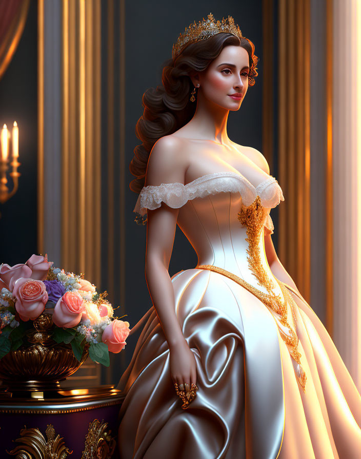 Regal woman in white-and-gold gown with crown beside bouquet.