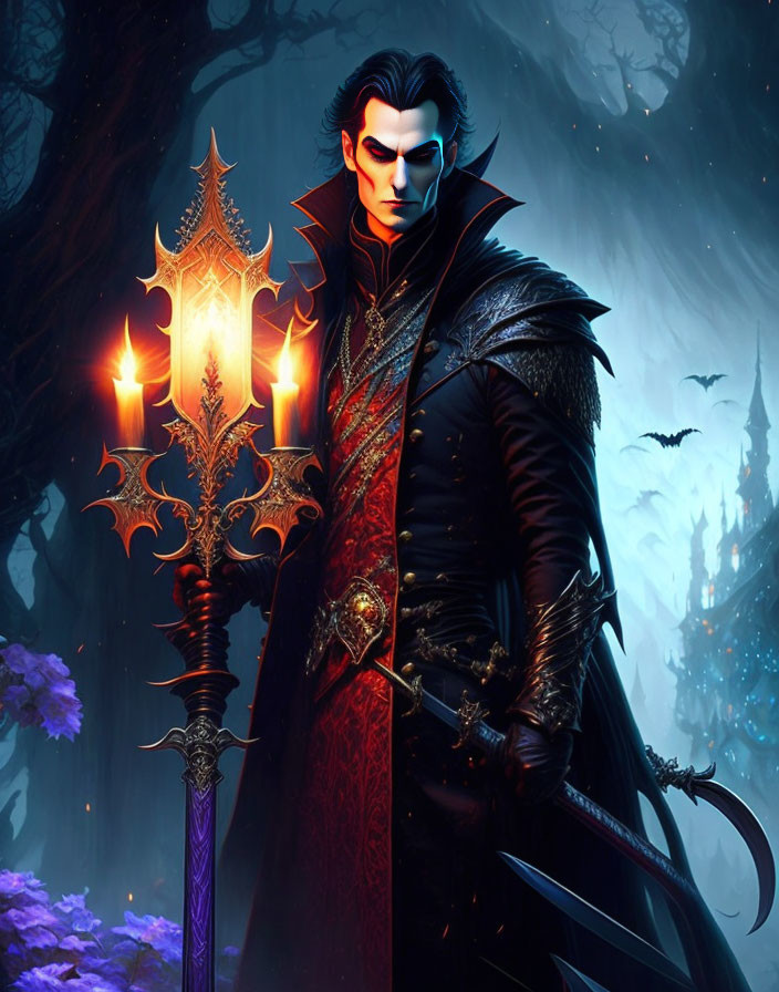 Gothic vampire lord with lantern-staff and sword in dark forest