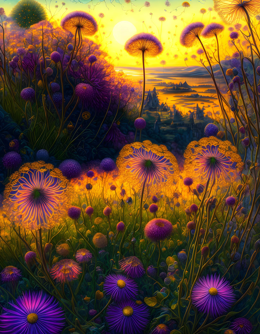 Fantasy landscape with glowing oversized flowers and castle silhouette