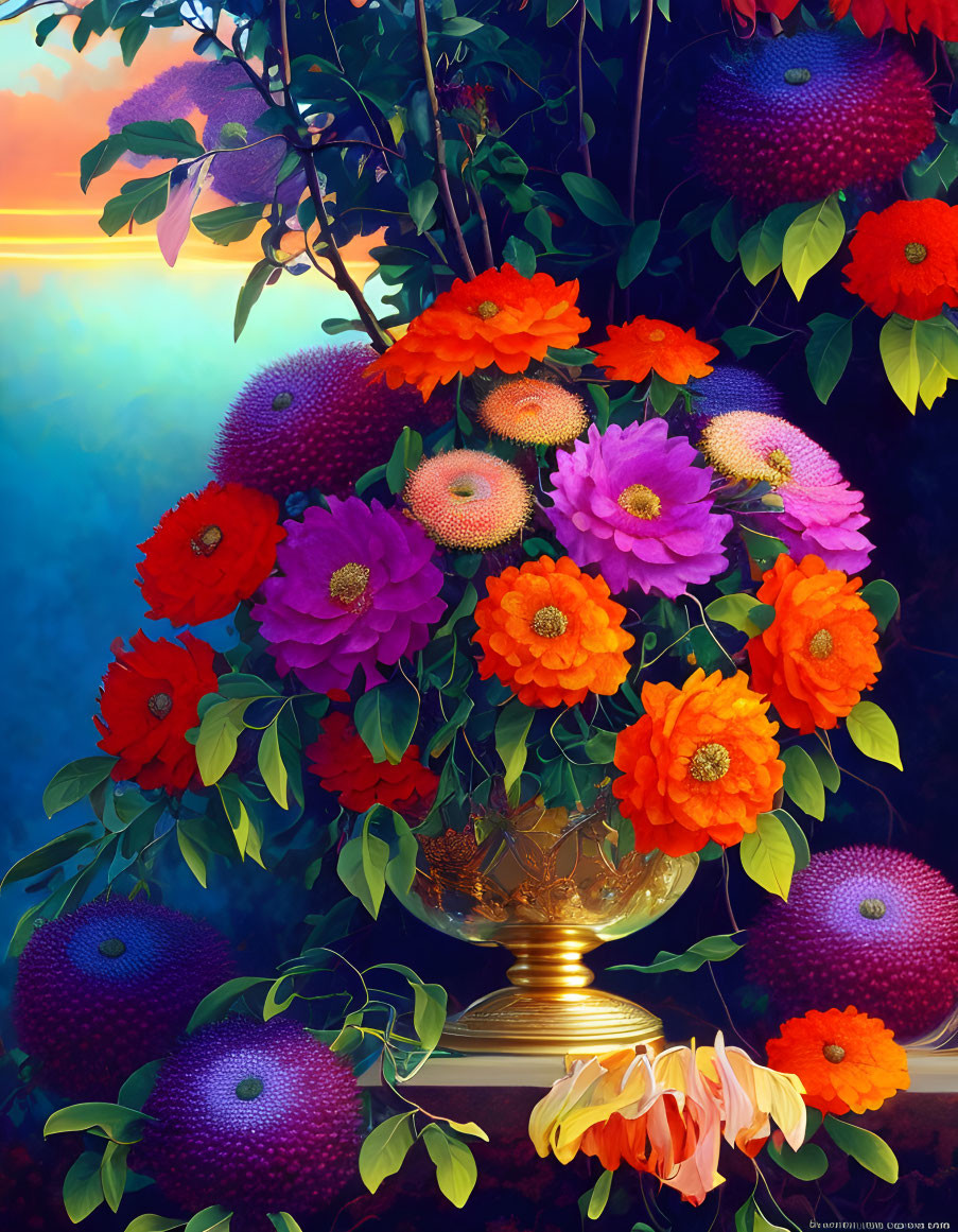 Colorful Flower Bouquet in Golden Vase on Twilight-Sea Background with Oversized Purple Fruits