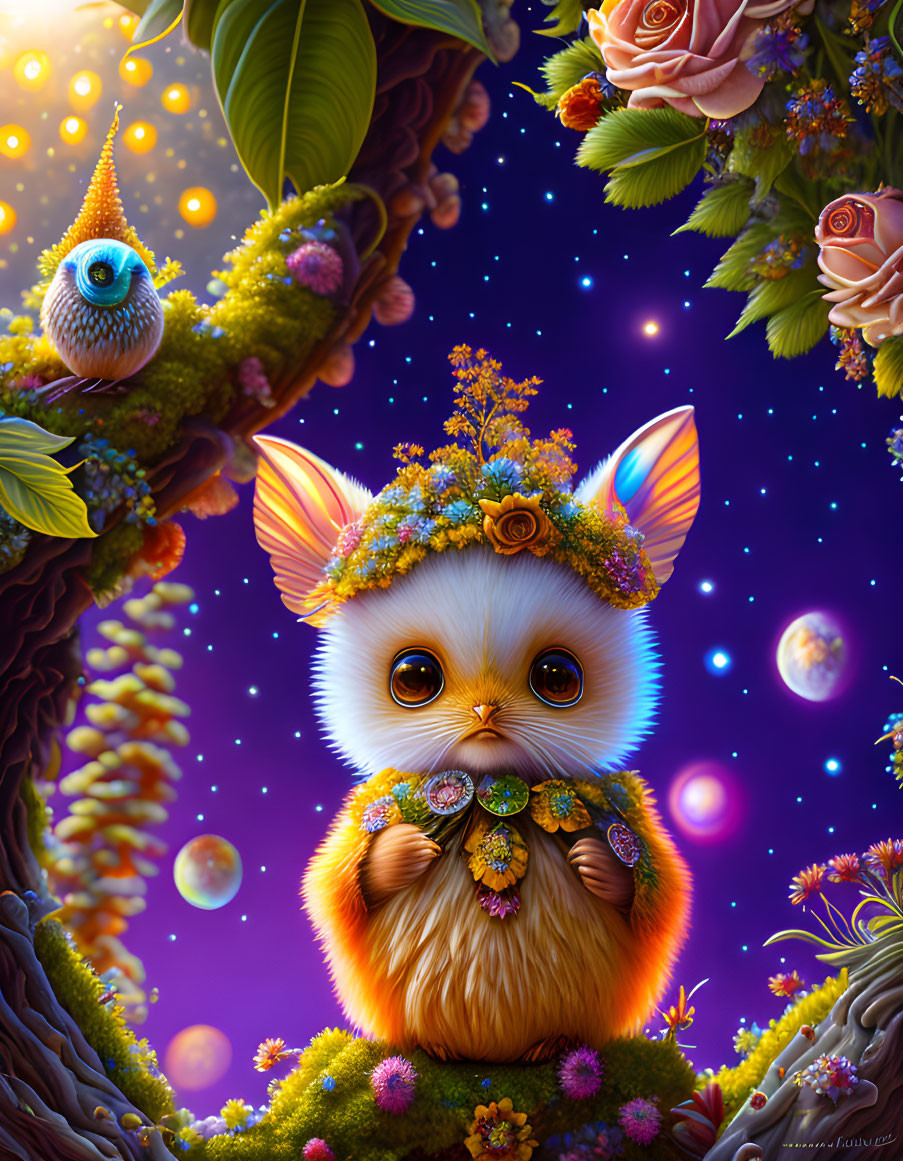 Fantasy illustration of cute creature with floral ears in starry setting