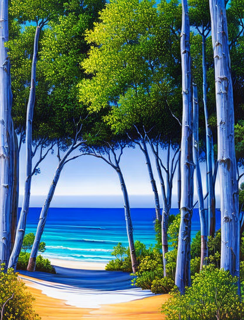 Scenic beach painting with archway of tall trees