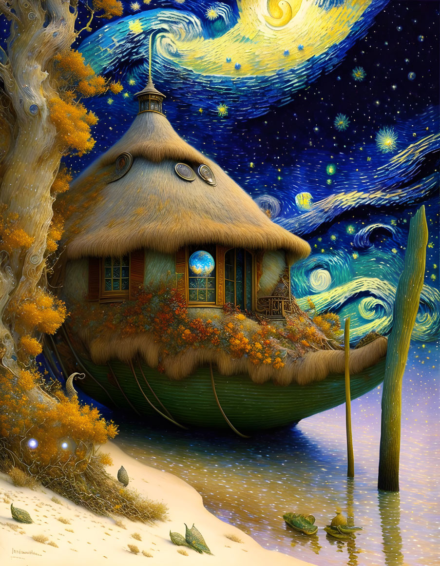 Illustration: Thatched-roof cottage in leaf under starry night sky