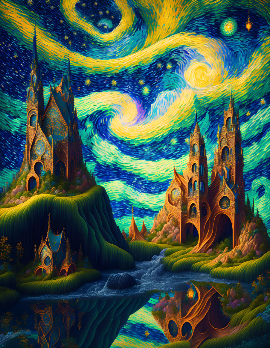 Fantasy landscape with whimsical castles, vibrant hills, and reflective river