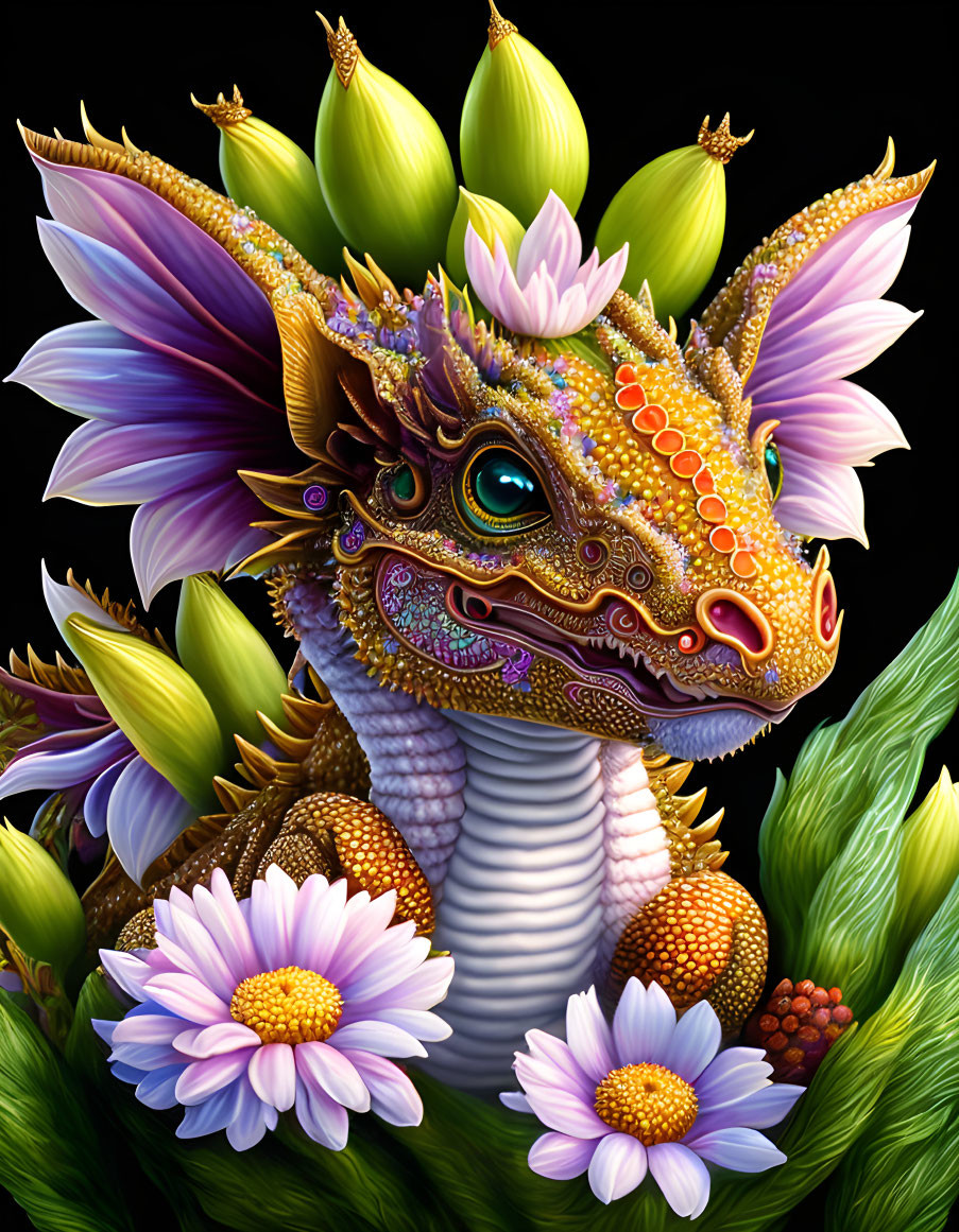 Colorful dragon surrounded by blooming flowers & green buds