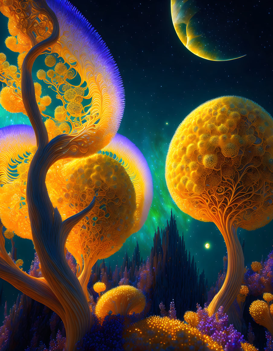 Colorful digital artwork: Glowing trees under starry sky