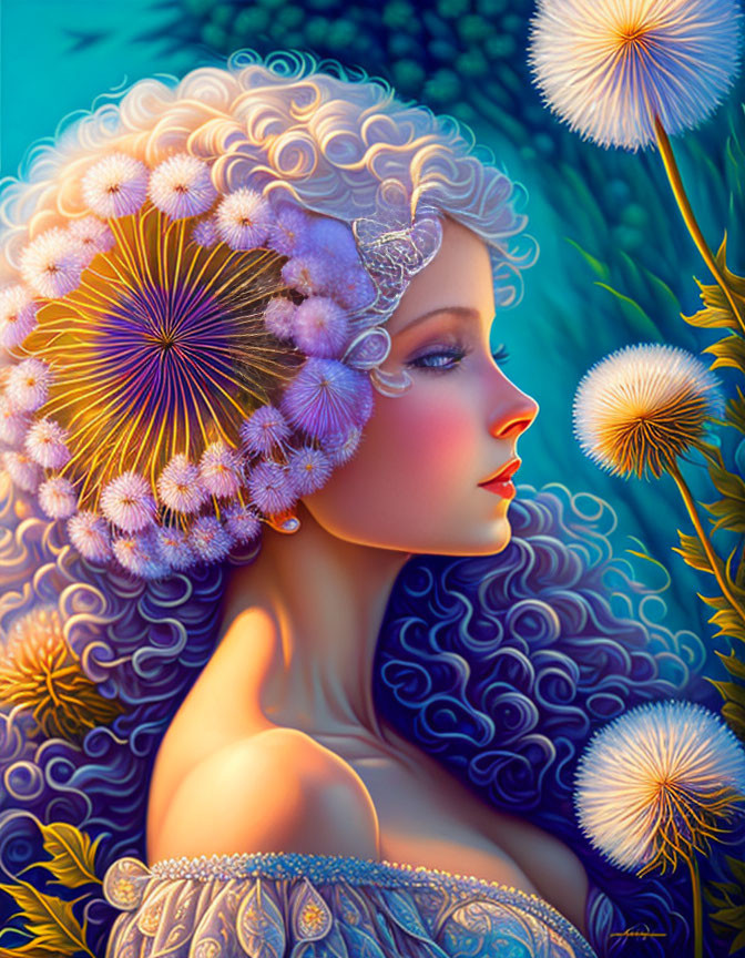 Vibrant fantasy illustration: woman with dandelion-themed hair & headdress.