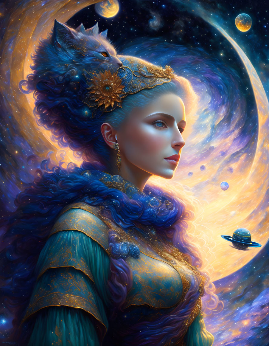 Regal woman with cat-like headdress in cosmic setting