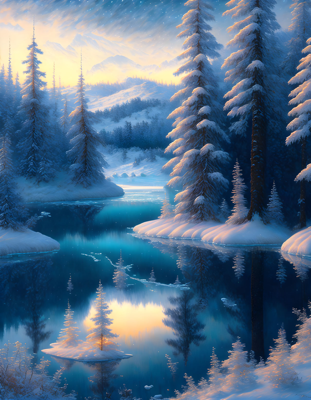 Snow-covered trees and tranquil river in serene winter landscape