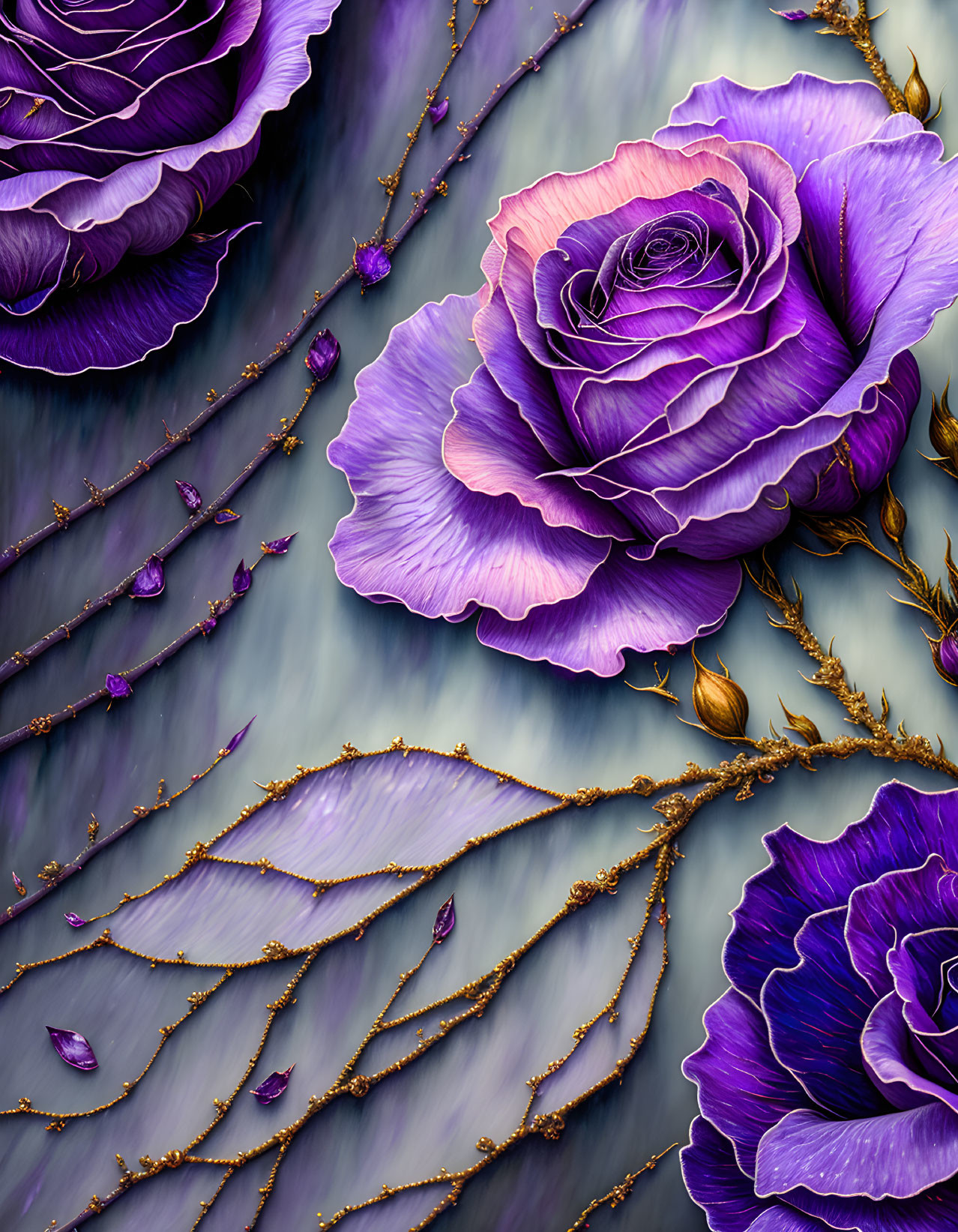 Vibrant purple roses with golden stems in digital artwork