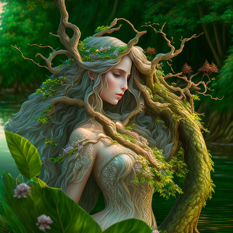 Fantasy illustration of woman with tree-like features in lush forest