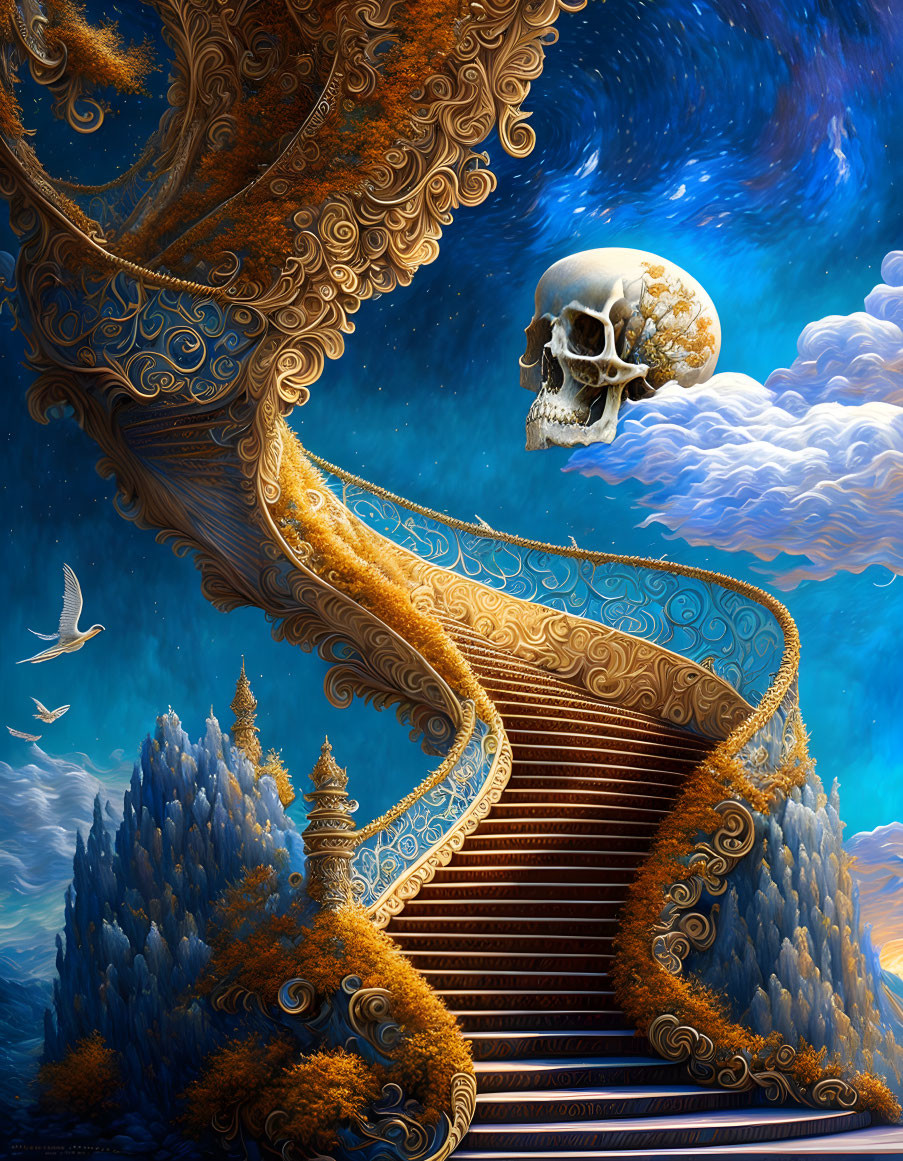 Surreal illustration: golden staircase, autumn tree, floating skull, starry sky