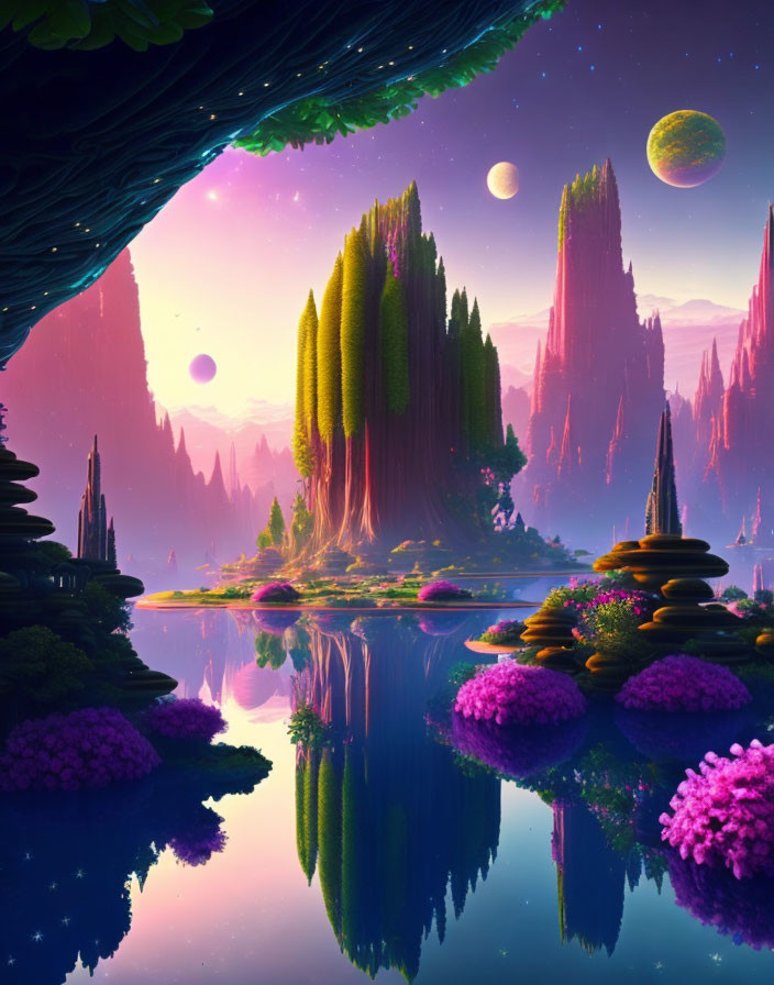 Colorful fantasy landscape with rock formations, pink flora, and multiple moons.