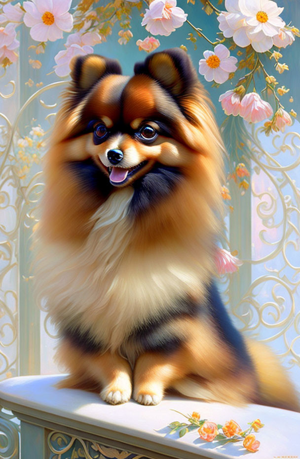 Fluffy Pomeranian Dog Among Pink Flowers and Blue Tones