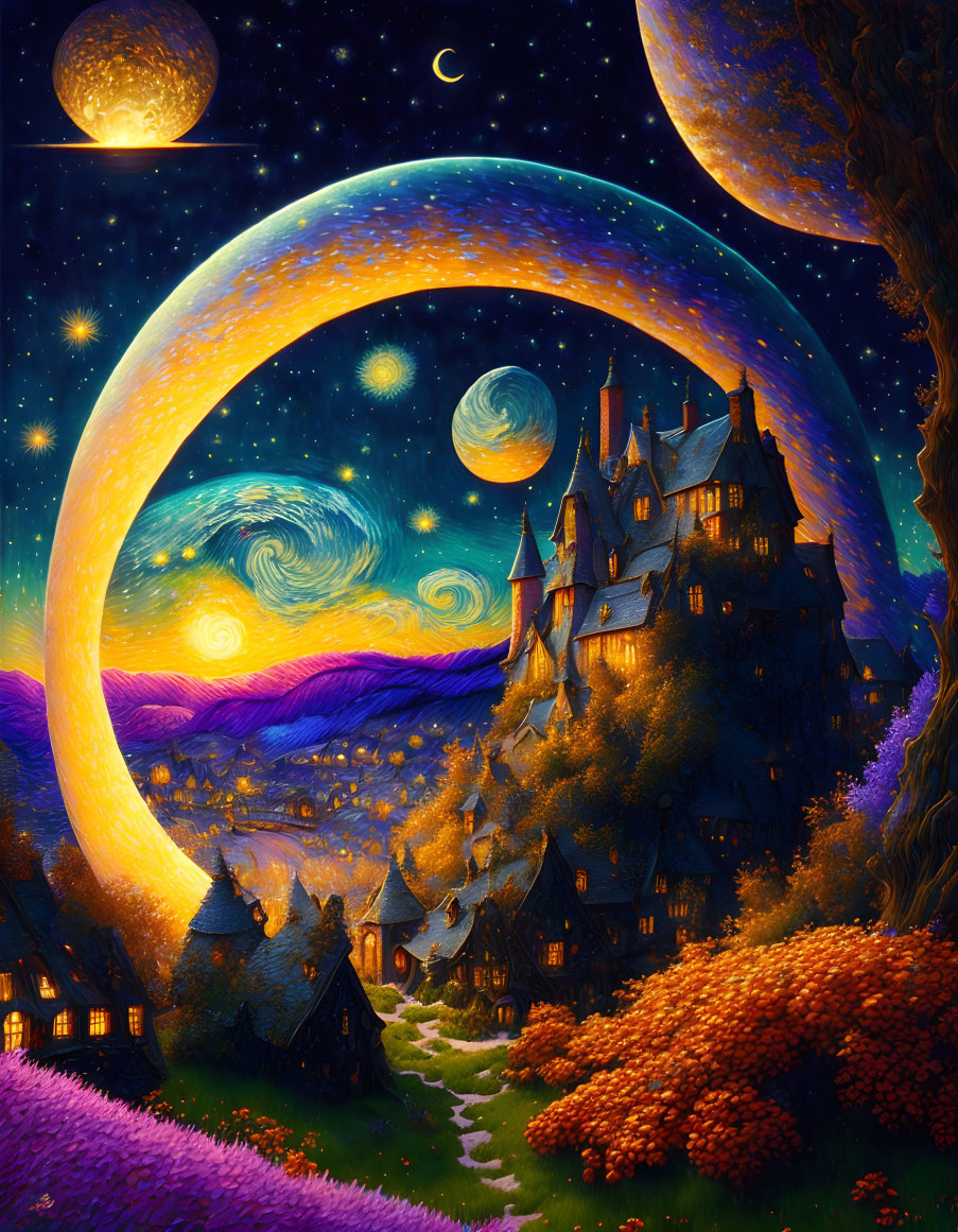 Whimsical fantasy landscape with castle, moons, starry sky & swirling clouds