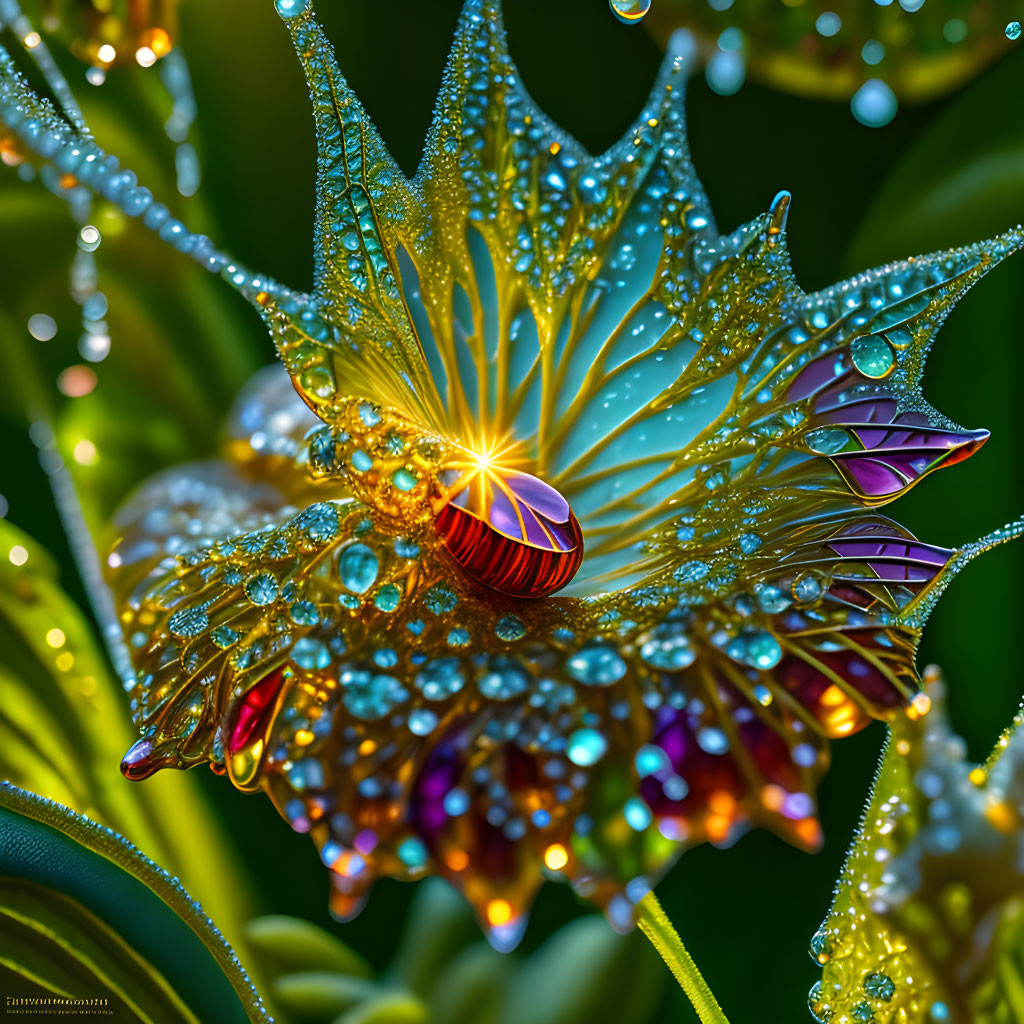 Digitally-rendered fantastical plant with luminous leaves on dark background