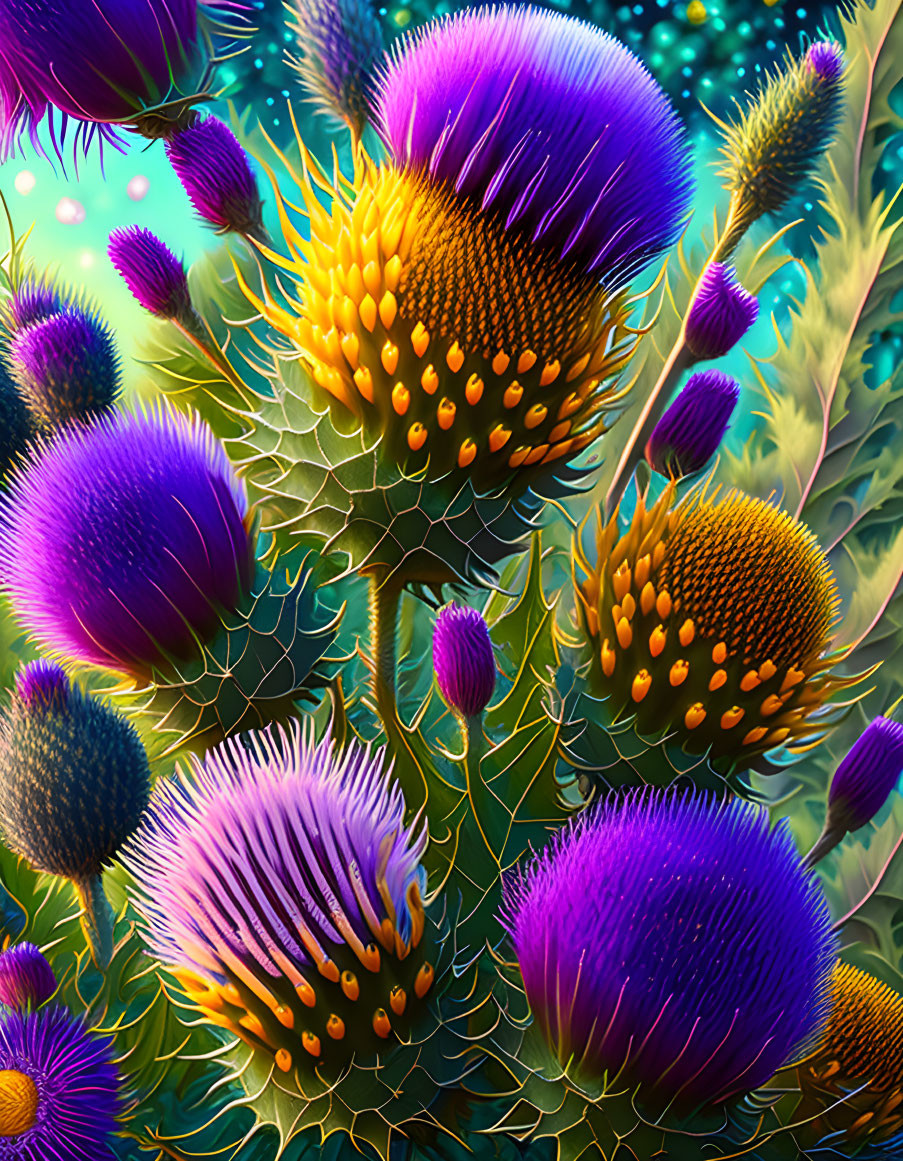 Colorful digital art featuring alien-like plants in purple, blue, and gold hues on teal background