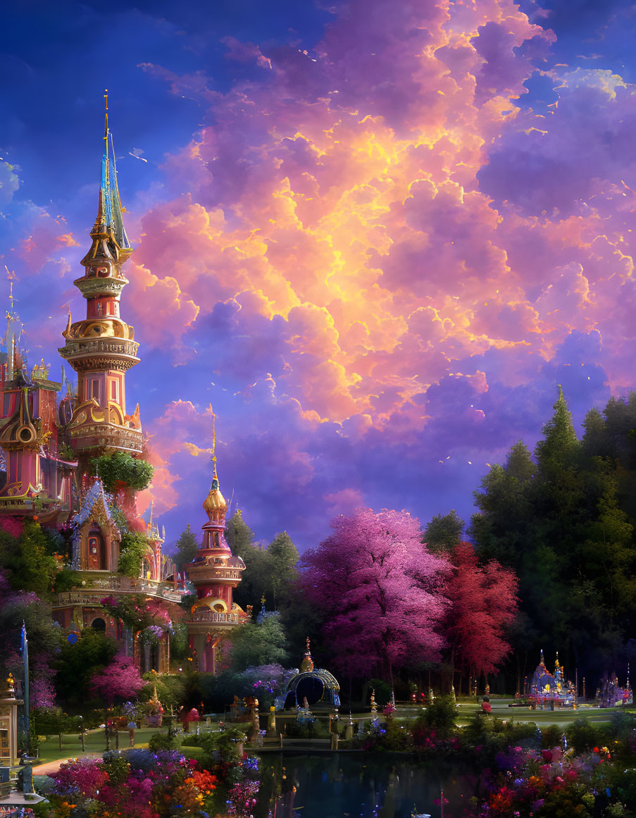 Fantastical castle in vibrant sunset landscape