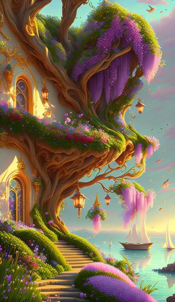 Fantastical tree with purple flowers, winding staircase, lanterns, serene sea with sailboats