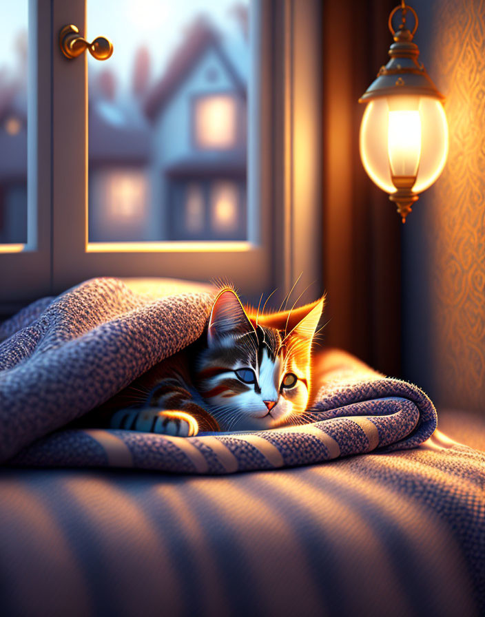 Cat snuggled in blanket by snowy window view with lantern