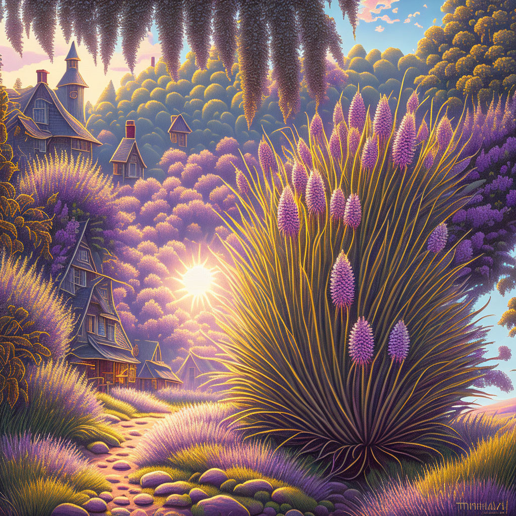 Fantasy illustration: Whimsical houses in vibrant purple flora at sunrise