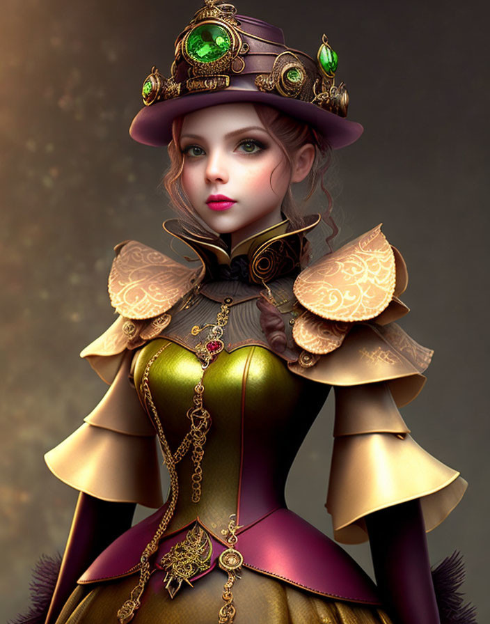 Steampunk-themed digital artwork of a woman in ornate attire