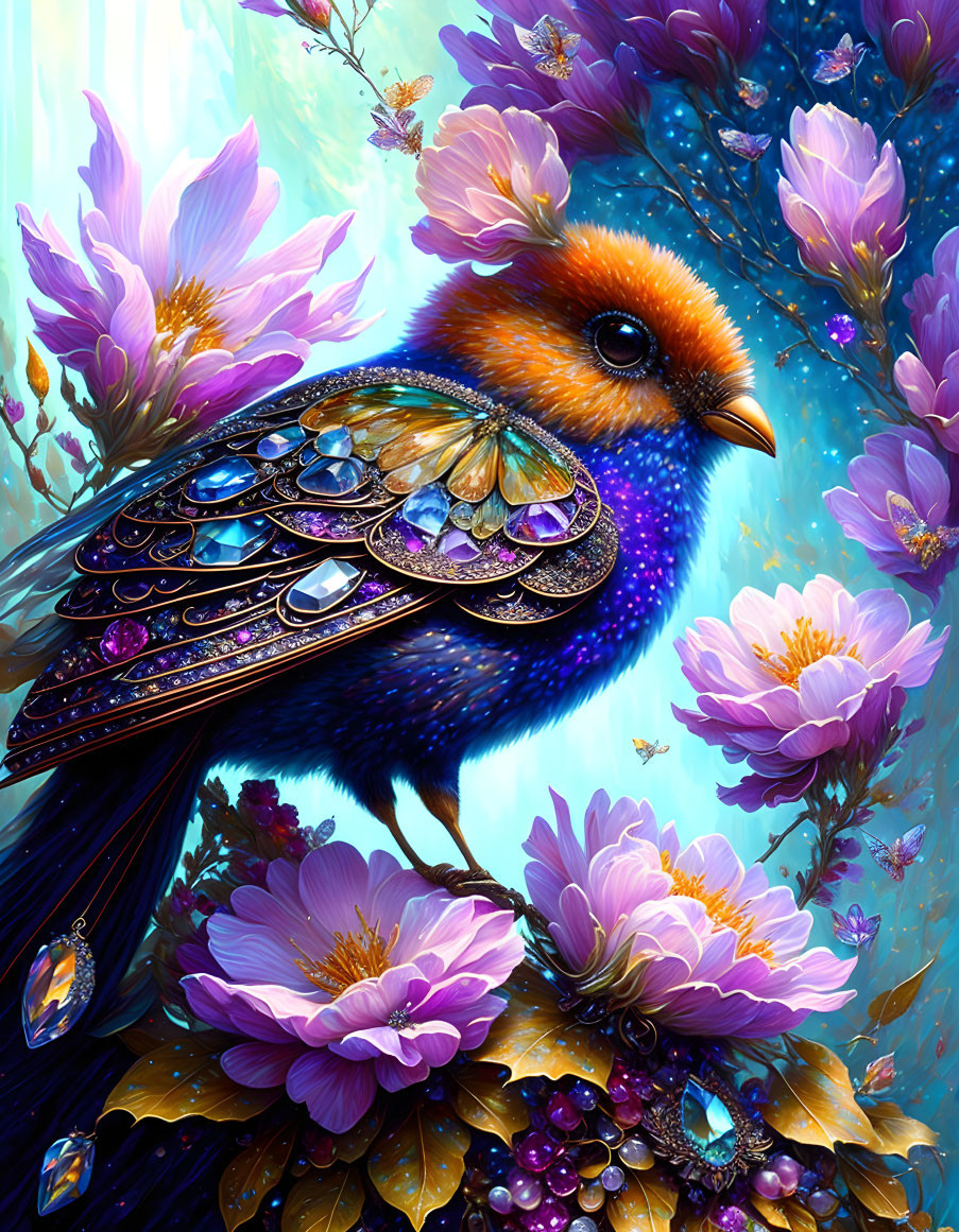 Colorful bird illustration among purple flowers on blue backdrop