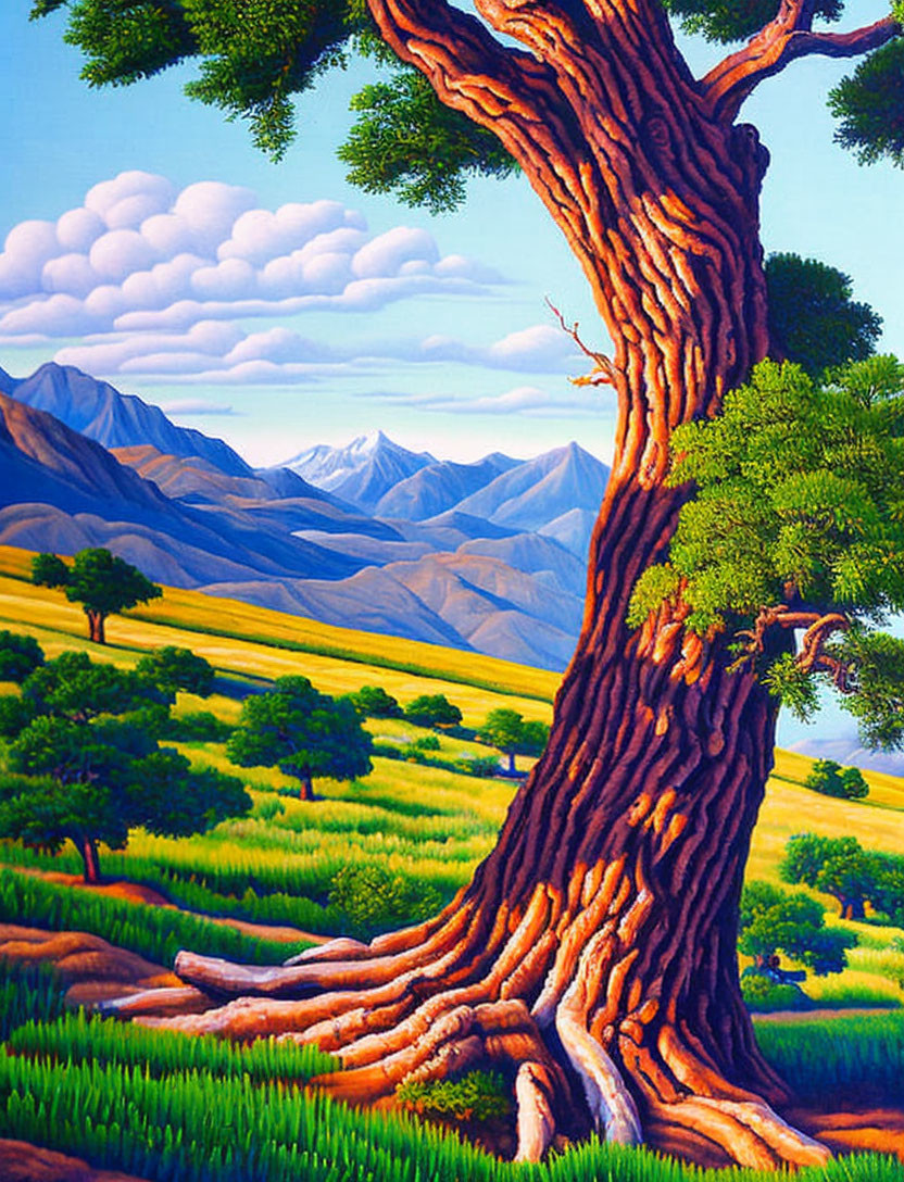 Colorful painting of textured tree, yellow fields, blue mountains, and fluffy clouds