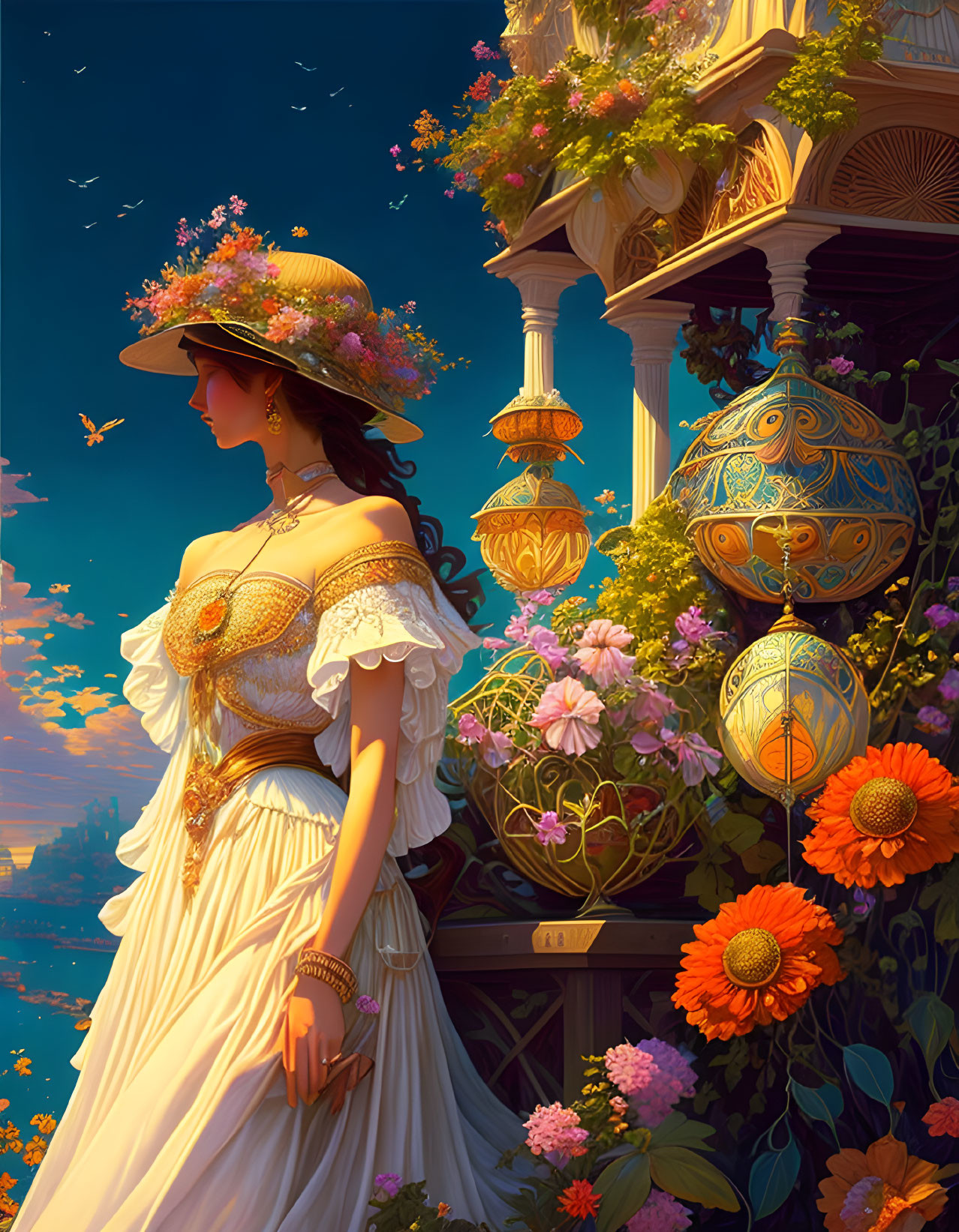 Woman in white dress with gold details among vibrant flowers and lanterns at sunset.