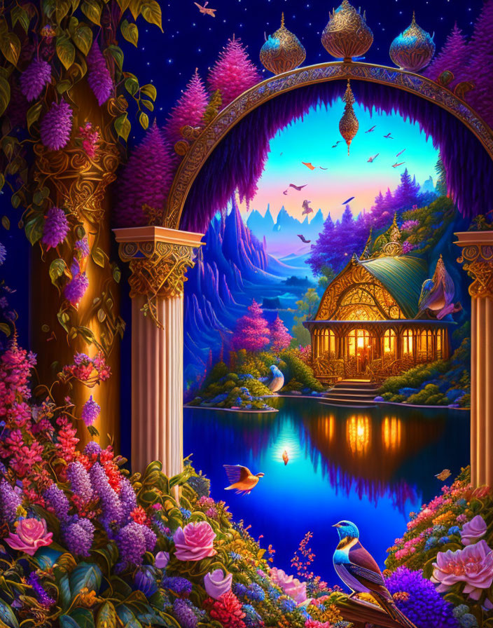 Fantasy landscape with golden archway, glowing cottage, serene lake