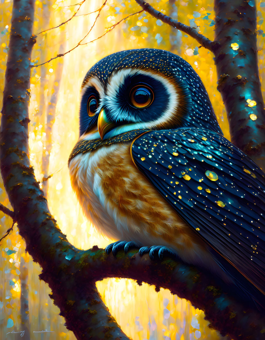 Detailed illustration of owl on tree branch with autumn leaves