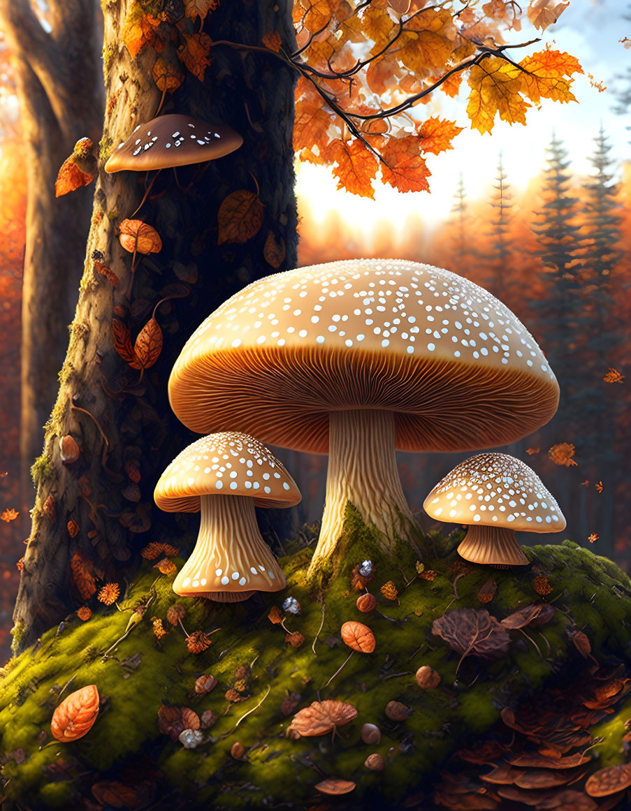 Detailed Mushroom Forest Scene with Autumn Foliage