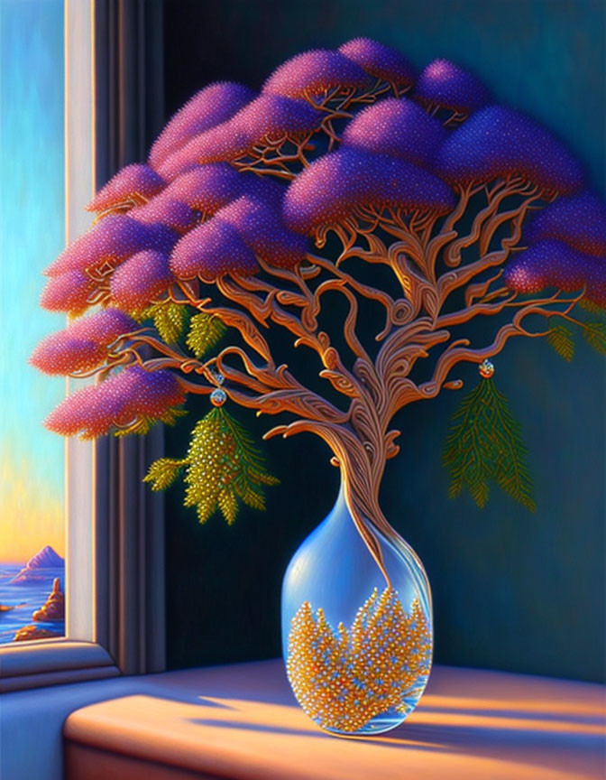 Colorful painting of purple tree in vase on windowsill overlooking sunset