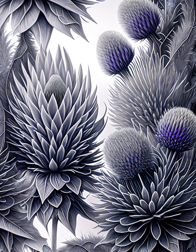 Detailed Monochrome Botanical Illustration of Layered Petals & Textured Blooms