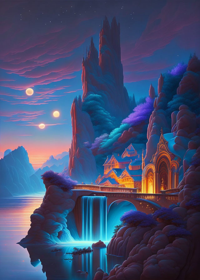 Fantasy landscape with rock spire, waterfall, structure, and moons