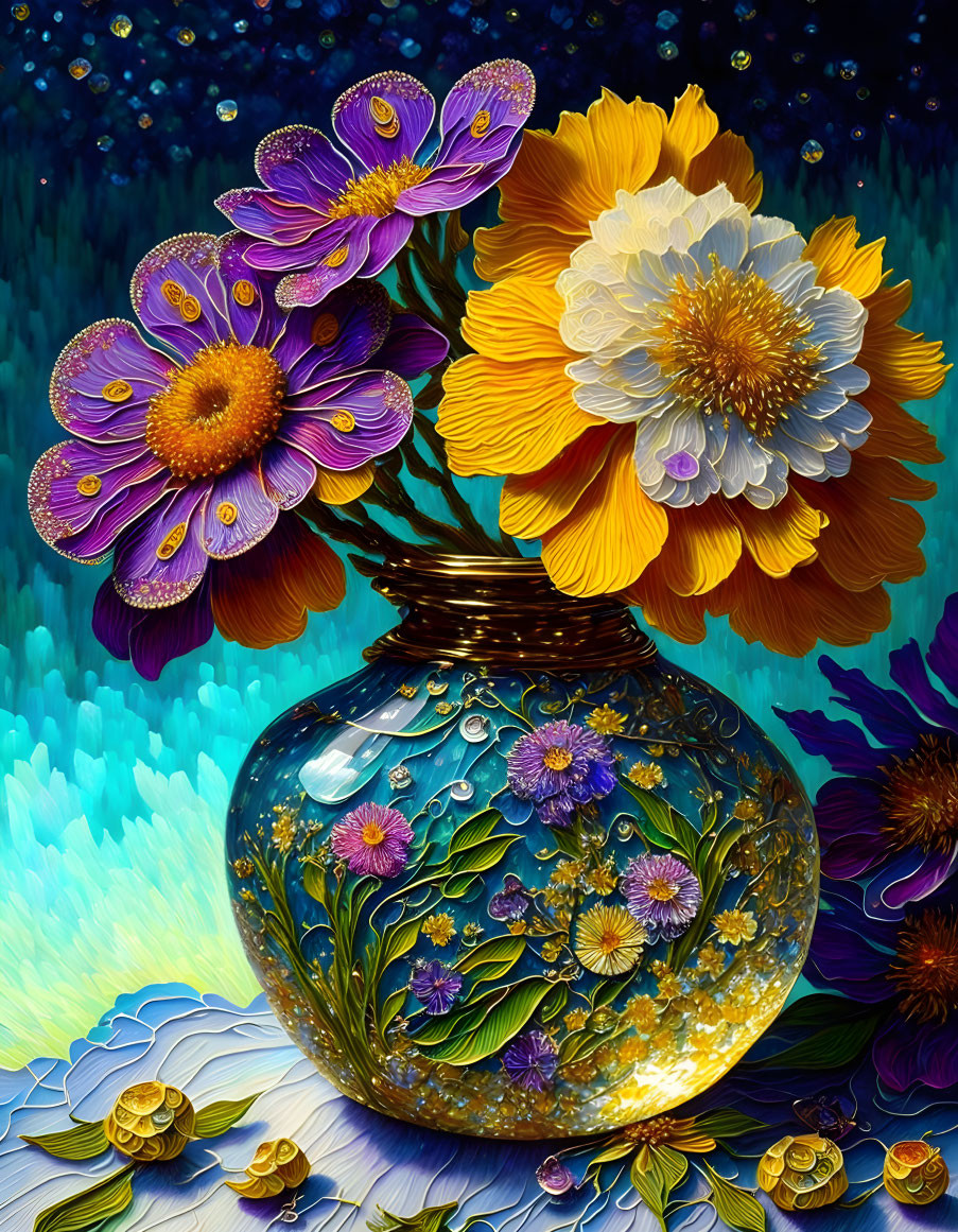 Colorful Flowers in Glass Vase on Starry Blue Background